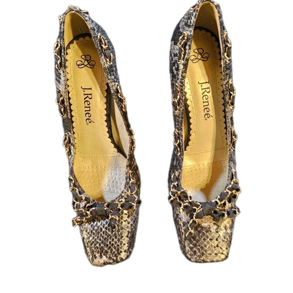 J. RENEE ANDRA SZ 8/8.5 STILETTOS SNAKESKIN PRINT RIBBON BLACK/GRAY WOMENS